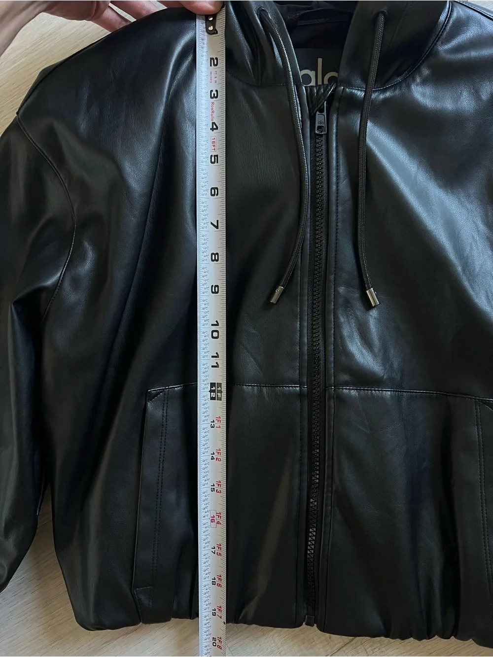 ALO Yoga Black Faux Leather Hooded Bomber Jacket